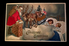 Patriotic~SILK Santa Claus w/ Children~USA FLAG~Chimney~ Christmas Postcard~h956 picture