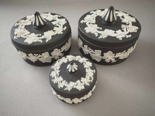 Collection of 3 Wedgwood Black Jasperware Round Trinket Boxes Grapevine Pattern picture