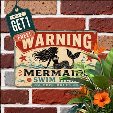 Beware Brawny Mermaid Pool Rules Sign Funny Nautical Beach House Tin Plaque picture