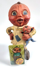 SIGNED Poliwoggs Folk Art Halloween Pumpkinhead Girl w/ Doll Figure 8.5