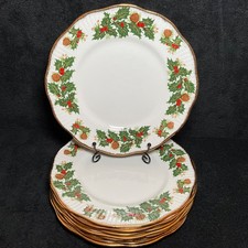 8 Pc-Rosina Queens Yuletide Bone China Salad Plates-Holly Berries & Pinecones picture