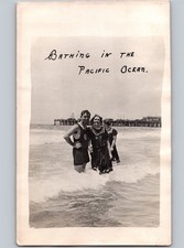 c1915 Bathing In The Pacific Ocean Man Swimsuit Women Bonnet RPPC Real Photo picture