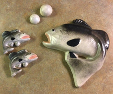 Vintage Mid Century Chalkware Fish Black & Silver Salmon Mom w/ babies & bubbles picture