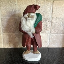 VTG Hand Carved Wood Belsnickel Santa Claus Figurine Wool Beard Rustic Folk Art picture
