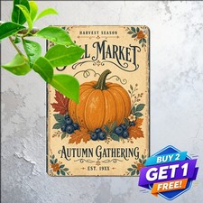 Autumn Pumpkin Blueberry Foliage Metal Tin Sign Vintage Botanical Decor 8x12 picture
