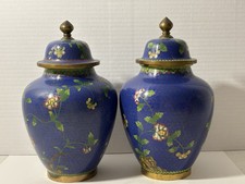 Antique Pair Chinese Cloisonné Lidded Ginger Jars Blue Floral CHINA Mark c. 1900 picture