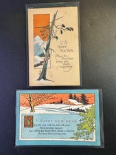 Vintage 1910s New Year Postcards Set of 2 with Scenic Winter Illustrations picture