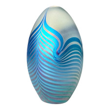 Vintage Studio Art Glass Blue Pulled Feather Egg Paperweight - Signed Eickholt picture