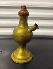 Vintage Engraved Brass Hookah Base Vessel w/ Wood Top, Side Port, Stopper picture