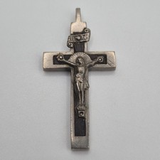 Early 1900s Antique Catholic Crucifix Cross Wood Silver Inlay Pendant Jewelry    picture