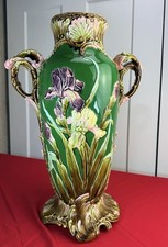 Antique French Majolica Barbotine Iris Vase 19” Art Nouveau Onnaing Era Floral picture