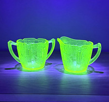 Vintage Jeannette Cherry Blossom Green Uranium Glass Creamer & Sugar Bowl Set picture