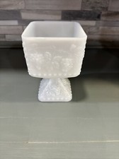 Milk Glass Square Pedestal Dish/Compote w/ Grape Design VTG picture