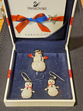 Vintag Swarovski Snowman Brooch & Earrings Set Clear Crystal Holiday Box Cert picture