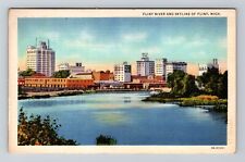 Flint MI-Michigan, Flint River and Skyline, Antique Vintage Souvenir Postcard picture