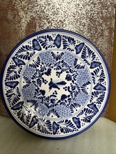 Vintage Talavera Pottery Plate 10” Mexican Blue Floral Puebla Mexico Signed picture