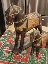 🔥 2 VTG Hand Carved Wood  HORSE FIGURINE SCULPTURE, Art, Copper & Brass Inlay   picture