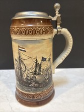 VINTAGE REIN ZINN BEER STEIN WITH PAINTING OF SAILING SHIPS picture