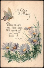 Vintage 1924 Birthday Postcard Bible Verse Luke 11:28 Butterfly Daisies MN picture