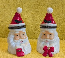 Vtg Set of 2 Porcelain Santa Claus Head Trinket Boxes w Trinkets picture
