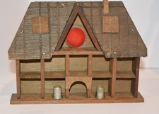 Vintage Wooden Thimble Display House w/ Pin Cushion, Rustic Folk Art, Sewing picture