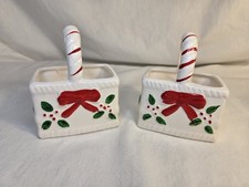 Vintage Relpo Christmas Mini Ceramic Basket Planter White with Red Bow & Holly picture