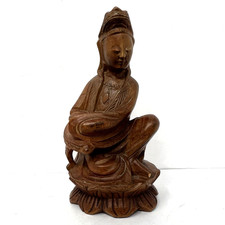 Hand Carved Wood Guanyin Bodhisattva Statuette Asian Royal Ease Pose Figure 4.8