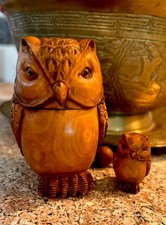 VTG Hand Carved Boxwood Inro Owl Mama and Baby Wood Figure, Signed picture