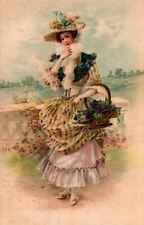 Classy Lady Big Dress Picked Grapes Vintage Postcard 08.80 picture