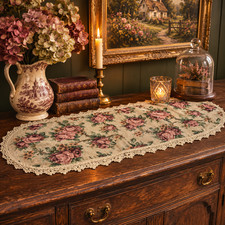 Vintage floral embroidered tapestry crochet trim Victorian style table runner picture