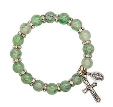 O L of the Miraculous  Medal Green Marbled Glass Bracelet, New #Gftshp-150 picture