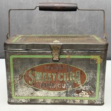 Antique Sweet Cuba Fine Cut Tobacco Tin Hinged Lunch Pail Handle Advertising Box picture
