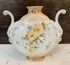 Antique Porcelain Mantel Vase Ram Head Handles Hand Painted Roses Gold Gilt picture