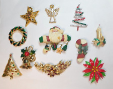 VINTAGE LOT 11 HOLIDAY CHRISTMAS ENAMEL & RHINESTONE BROOCH / PINS - GREAT DEAL picture