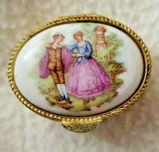 Vintage Fragonard Oval Trinket Porcelain Box in Gold Embossed Metal 1 3/8