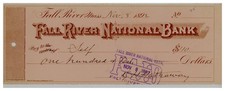 1892 Fall River National Bank Check Signed G.H. Hathaway bold purple bank cancel picture