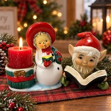 Vintage Little Lukins Elf & Caroler Candle Holder Enesco Japan Christmas picture