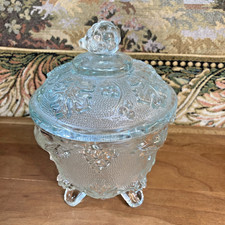 Vintage Jeanette Glass Clear Candy Dish W Lid 4-Footed Grape Leaf Stippled 6