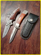 Folding Knife Lot Of 2 Maxam & Buck Shot + Leather Button Sheath 8 Inches picture