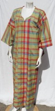 MITSUKOSHI Women’s S M Green Madras Plaid Slub Silk Button Long Kimono Robe EUC picture