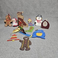 Hand Painted Wooden & Ceramic Vtge Christmas Ornaments & Decor Santas Lot Of 12 picture
