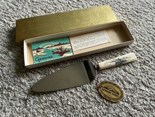 Vtg Native American Bone Scrimshaw Style Cake Knife Canoe Mountain scene 50s MCM picture