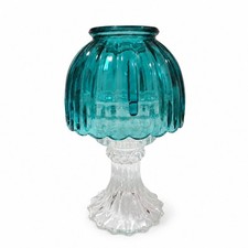 Vintage L.E. Smith Teal Blue & Clear Glass Fairy Lamp Umbrella Candle Holder 9