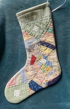 FABULOUS ANTIQUE VINTAGE CUTTER QUILT CHRISTMAS STOCKING GREEN  & MULTI 26-54 picture