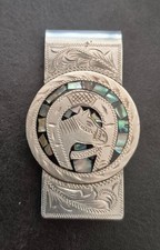 Vintage MEXICO Silver Inlaid Abalone Shell Horse & Horseshoe Money Clip picture