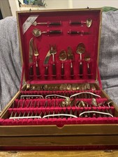 Vintage MCM Bronze Thai Flatware Set, 144+ pcs w/ 3 Tier Teak Box picture