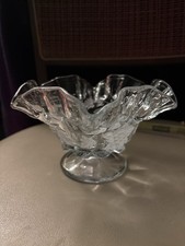 Vintage Clear Pressed Glass Pedestal Bowl Grape & Leaf Pattern 6.5” Estate picture