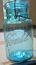 1910-1923 Vintage Ball Ideal Quart Jar Blue Glass # 8 W/ Lid picture