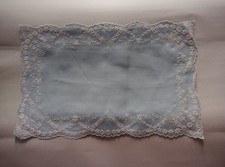 Vintage Hand Embroidered Linen Placemats Sky Blue Organdy Scalloped Set of 8 picture