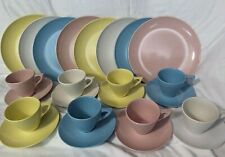 Vintage Melamine Melmac Dish Set Lot Serves 8 Plates Saucer Cup Pink Blue Yellow picture